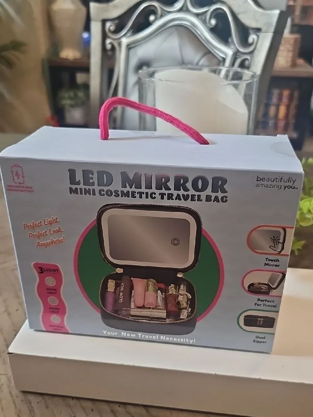 LED Mirror Mini Cosmetic Travel Bag - Light Blue with Pink Handle